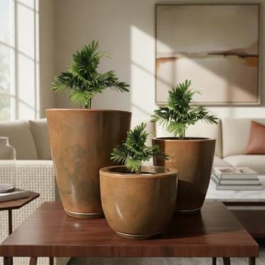 Imagem de Kit 3 Vasos Luxo Marmorizados Polietileno Planta Flor Jardim Varanda Casa Sala Moderno Elegante (Marrom)