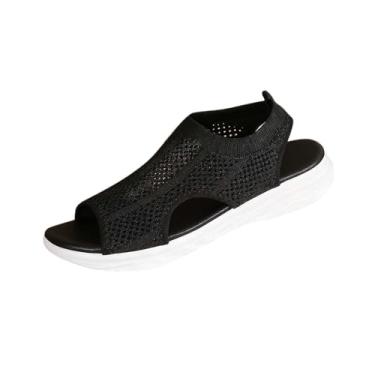 Imagem de Sandálias femininas de malha de malha com sola macia e salto baixo para conforto no verão, Preto, 34