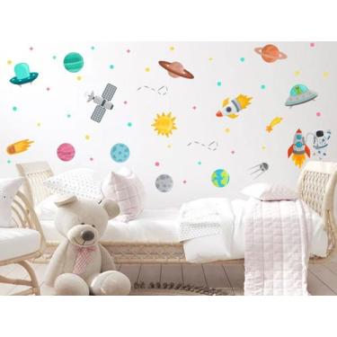 Imagem de adesivo de parede planetas satélite astronauta luneta júpiter galáxia 