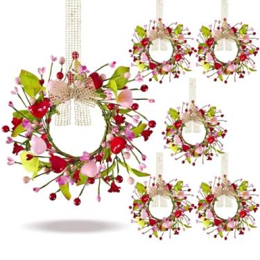 Imagem de 6 mini guirlanda de dia dos namorados de 23 cm para armário de cozinha, guirlanda para porta da frente, vermelho artificial, rosa, coração, pequena com flores de forsítia, fita de folha verde baga