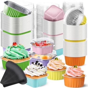 Imagem de Blushtier 180 conjuntos de mini formas de pão com tampas e colheres 142 g formas quadradas e circulares de folha de alumínio para assar mini formas de bolo para sobremesas de pão, cor pastel