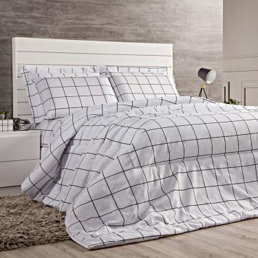 Imagem de Kit Edredom Casal Queen 03 Peças Minimalist Quadriculado Tecido Percal 180 Fios Macio - Branco