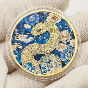 Imagem de FENNYYAR Moeda de lembrança de cobra do zodíaco Lucky Animal, medalha de lembrança do zodíaco chinês de 4 cm, 3,8 cm, para coleção