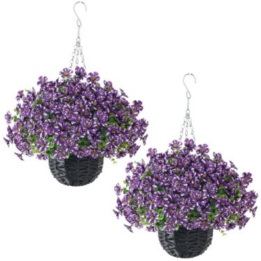 Imagem de GLIDLION Flor artificial e eucalipto com cesta suspensa – 2 peças de glória matinal sintética resistente ao sol UV em plantador, flores de seda coloridas falsas para decoração de primavera, verão