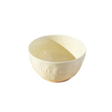 Imagem de Tigela de arroz com letras em relevo de cerâmica para uso doméstico de aveia esmaltada - branco leitoso