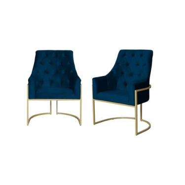 Imagem de Kit 2 Poltronas Decorativa Vick Veludo Azul Marinho Base Dourada Ms De