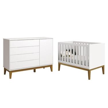 Imagem de Berço Americano e Cômoda com Porta Classic Elfe Branco Acetinado com Pés Madeira - Reller