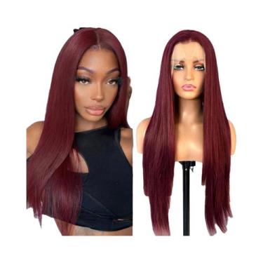 Imagem de Peruca Sintética Longa Lisa Borgonha Com Renda Frontal Para Mulheres, 