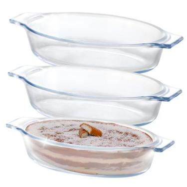 Imagem de Kit 3 Assadeira Travessa Refratária Alças Oval De Vidro 400ml - Haüskr