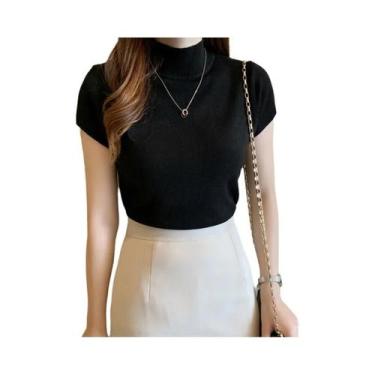 Imagem de Blusa Feminina Branca Slim Fit Com Gola Alta Estilo Coreano, Manga Cur