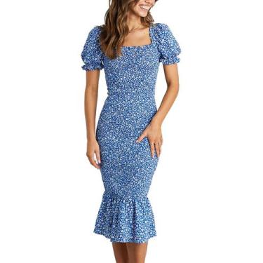 Imagem de Vestido PRETTYGARDEN Azul Floral Ajustado Midi Talla Pequeña