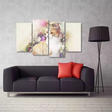 Imagem de Quadro Decorativo Gato Artístico Quarto Em Tecido 4 Peças