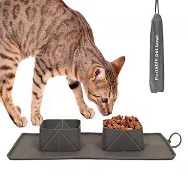 Imagem de Tigela dobrável para cães, tapete de tigela de gato de animal de estimação duplo de silicone, tigelas de água dobráveis para filhotes, tigela portátil para cães para caminhadas em casa, cinza