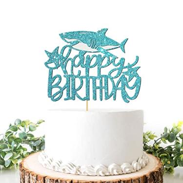 Imagem de Helewilk Topo de bolo de feliz aniversário de tubarão azul celeste para meninos, tema oceano com glitter / decoração de bolo de chá de bebê - decoração de aniversário de tubarão - criança fofa meninos meninas suprimentos de festa de aniversário de bebê