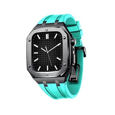 Imagem de TONECY Capa de metal militar masculina feminina para série IWatch 7/SE/6/5/4 estilo casual de negócios pulseira de silicone à prova de choque para pulseira de relógio Apple 45mm 44mm (cor: preto lago verde, tamanho: