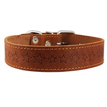 Imagem de Dogs My Love Coleira de cachorro de couro genuíno padrão de estrelas marrom 4 tamanhos (circunferência do pescoço: 42 cm - 47 cm; 3 cm de largura)