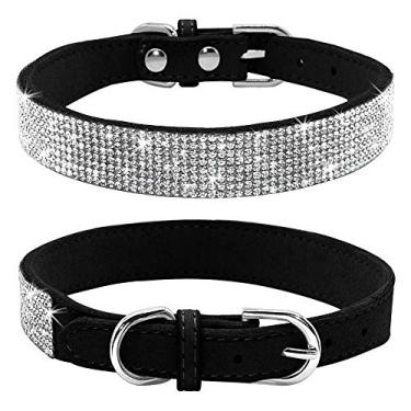 Imagem de Haoyueer Coleira de strass para cães, linda e cintilante de couro de camurça macia para cães e gatos, coleira de strass com diamante de cristal (preta, G ajuste pescoço 38-46 cm)