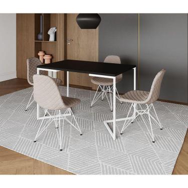 Imagem de Mesa Jantar Industrial Retangular Base V 120x75cm Preta com 4 Cadeiras Estofadas Nude Claro Aço Bran