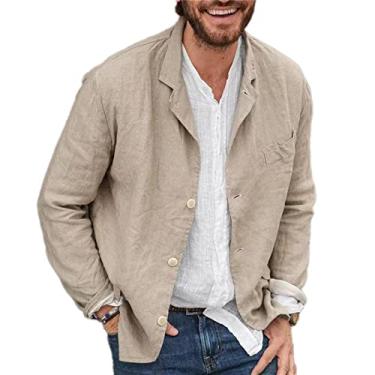Imagem de Blazer masculino casual de algodão e linho, ajuste regular, tops leves de verão, cáqui, 3X-Large