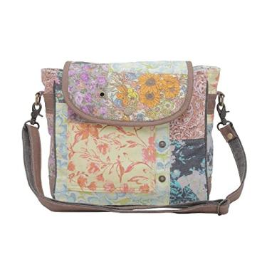 Imagem de Myra Bag Bolsas de lona floral - Le Fleur Fiori Bolsas de lona transversais com zíper, aba e alça, bolsa de lona com design de patchwork floral com zíper, bolsas de lona com variedade de flores,