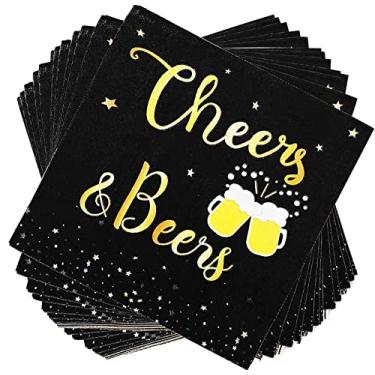 Imagem de Guardanapos descartáveis para festa de cerveja Cheers & Beers, 40 peças, guardanapos de papel preto e dourado para decoração de aniversário de casamento de 30º 40º 50º 60º 70º 80º 90º aniversário