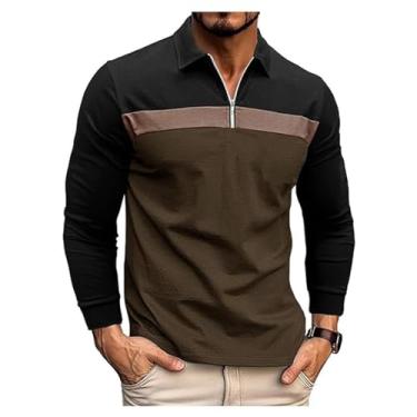 Imagem de Camisa polo masculina meia frente zíper cor combinando golfe gola aberta punhos canelados pulôver, Marrom, XXG