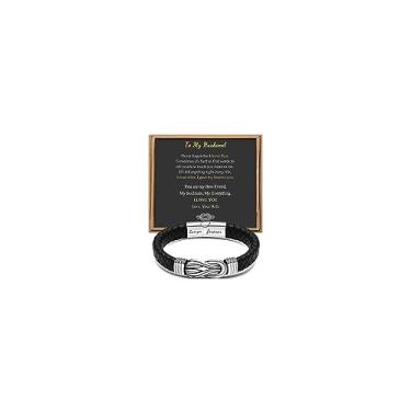 Imagem de Presente para homens, pulseira infinita de couro trançado preto para homens, pai, marido, namorado, filho, neto, irmão, sobrinho, tio para sempre, ligados juntos, aço inoxidável, gravada com joia Love