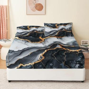 Imagem de Eojctoy Jogo de lençol King com tema de mármore preto dourado cinza ultramacio 100% microfibra - Jogo de lençol de cama respirável confortável com bolso profundo de 40,6 cm - 4 peças de lençol