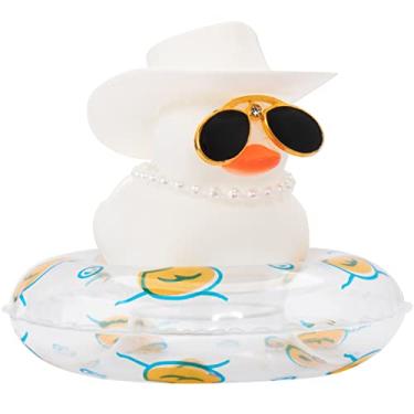Imagem de wonuu Pato de borracha para decoração de painel, para acessórios de ornamento de carro com chapéu de caubói, colar de anel de natação, óculos de sol, pato branco, caubói branco, transparente e pérola P