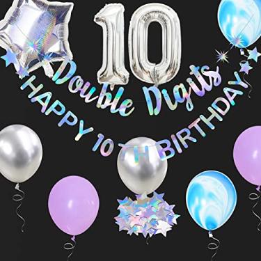 Imagem de Iridescent Double Digits Happy 10th Birthday Banner Garland Foil Balloon 10 for Girls Boys 10th Birthday Decorations Hanging 10 and Fabulous Cheers to 10 Years Old Ten Birthday Party Supplies Backdrop