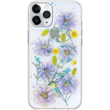 Imagem de Abbery Capa de flores prensadas para iPhone 11 Pro, linda capa brilhante brilhante com design de borracha TPU de silicone macio seca verdadeira floral estética para mulheres e meninas (roxo brilhante)