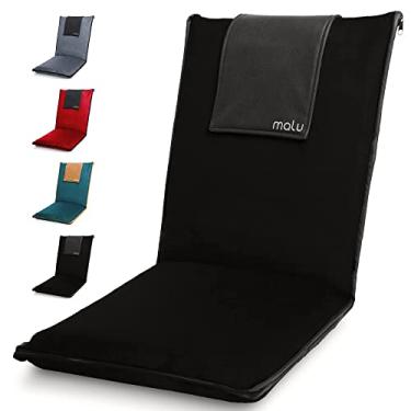 Imagem de malu Cadeira de chão acolchoada de luxo com suporte para as costas almofada de meditação com encosto totalmente dobrável e capa removível lavável e portátil, parte inferior de nylon com detalhes de couro vegano (preto brilhante)