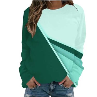 Imagem de Homisy Camisetas femininas plus size patchwork modernas de manga comprida gola redonda blusas estampadas casuais elegantes 2024, Verde, 4G