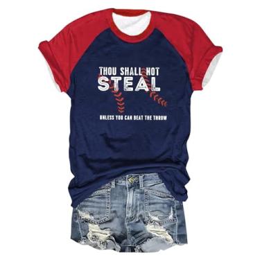 Imagem de Camiseta feminina de manga curta Color Block, letras de beisebol, estampadas, gola redonda, caimento solto, Bronze, XXG