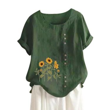 Imagem de Camiseta feminina de algodão e linho, caimento solto, casual, estampa floral, girassol, manga curta, abotoada, colete feminino, Verde, 5G