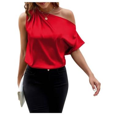 Imagem de Camiseta feminina de cetim com ombro de fora e manga morcego de manga coberta 2024 cor sólida elegante com cinto, Vermelho, M