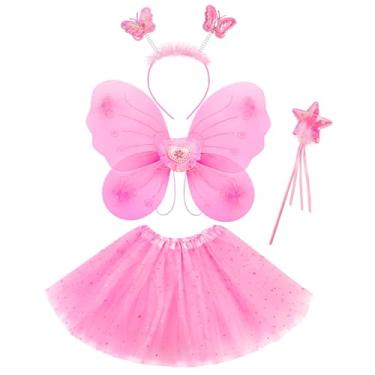 Imagem de Lainlight 4 Pcs Butterfly Fairy Costume for Girls Kids Princess Cosplay Costume Set with Wings, Tutu Skirt, Wand for Girls 3-8 Years Pink