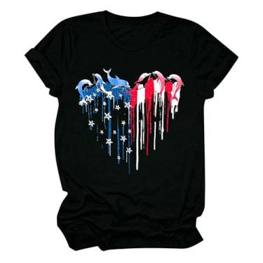 Imagem de Camiseta feminina com bandeira americana Dia da Independência Patriótica 4th of July Heart Graphic Tees Shirts Star Stripe Tops, Preto, G