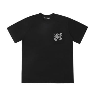 Imagem de Camiseta de manga curta Pa Hot Drill pequena estampa solta algodão masculino e feminino camiseta manga curta, Preto, P