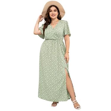 Imagem de KOJOOIN Vestido longo feminino plus size com mangas esvoaçantes, cintura império, fenda lateral, evasê, vestido casual, Flor verde, GG