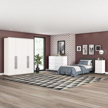 Imagem de Quarto Guarda-Roupa 4 Portas Cômoda 8 Gavetas Mesa de Cabeceira 3 Gavetas Branco