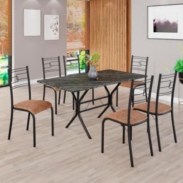Imagem de Conjunto Sala de Jantar Mesa Retangular 140x75cm Tampo Pedra Ardósia Indiana 6 Cadeiras Paraty C. Marrom/Preto Fosco