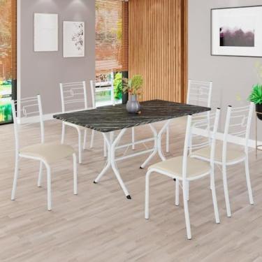 Imagem de Conjunto Sala de Jantar Mesa Retangular 140x75cm Tampo Pedra Ardósia Indiana 6 Cadeiras Paraty Creme/Branco