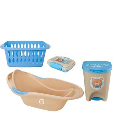 Imagem de Kit Banho Infantil Completo Banheira Cesto Lixeira c/Tampa e Pedal Saboneteira c/Trava Bebê Criança Azul Rosa (rosa)