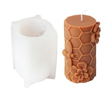 Imagem de Xidmold Molde de vela cilíndrica de flor de favo de mel, molde de silicone de colmeia de abelha para vela de cera de abelha, vela de cera de soja, ornamento de gesso, artesanato DIY (C)