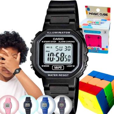 Imagem de Kit Relógio Casio Infantil Meninas Meninos Digital Resistente Agua Pequeno Alarme Preto LA-20WH + Cubo Magico