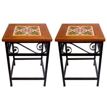 Imagem de Kit 2 Bancos De Ferro E Madeira Rústico Com Ladrilho B1