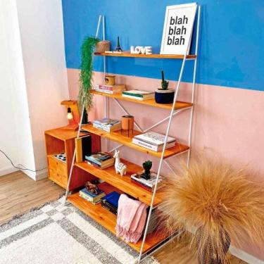 Imagem de Estante Escada de Ferro e Madeira Industrial Ample 5 Prateleiras Carva