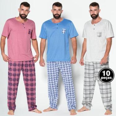 Imagem de Kit 10 Pijamas Masculino Blusa Manga Curta Calça Longa Estampada - WLS