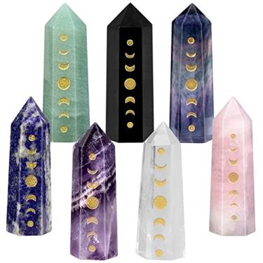 Imagem de mookaitedecor Conjunto de 7 pedras gravadas de ponto de varinha de cristal do eclipse lunar da fase da lua para meditação para decoração de casa (quartzo rochoso + ametista + quartzo rosa + aventurina